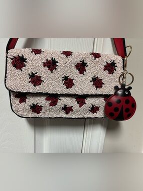 Beaded Ladybug Shoulder Bag - White and Red